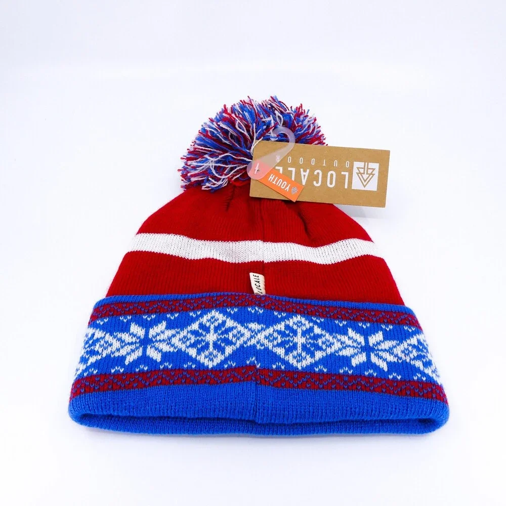 Ski‎ Winter Hat Youth One Size Red Blue Boys Nature Winter Sports Beanie Pom New